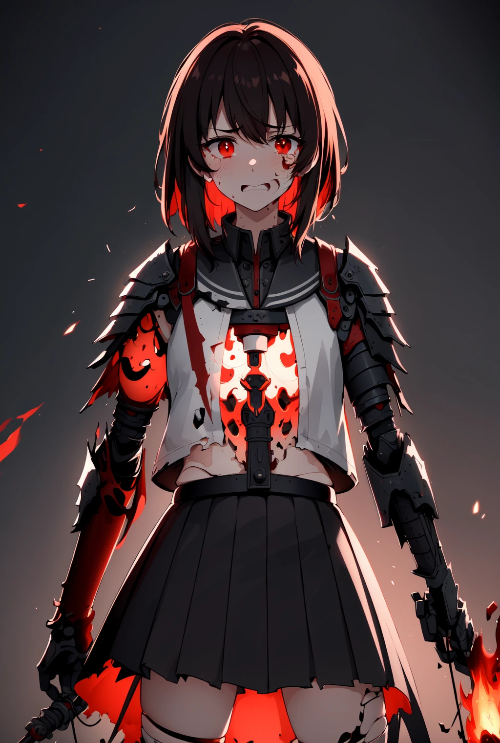 heroic, (village background:1.5), burning village background, detailed background, on fire,
burning, fire, mid fighting, dual wielding, sword, holding sword, glowing weapon, light particles, wallpaper, chromatic aberration, colorful,
(mechanical parts, damaged, mechabare, android, ripped skin):0.01,<lora:mechabare-test:0.8>
torn clothes, adult, 1girl, dark hair, breasts, empty red eyes, (frustrated|crying|angry),
2D, anime, detailed face, ((masterpiece)), heavily detailed,