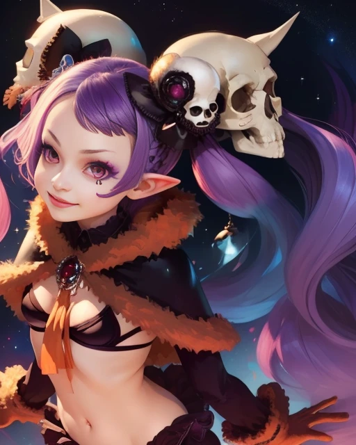 Majorita,purple eyes,flat chest,twintails ,purple hair, solo, smiling, face focus, upper body, high angle,
MajoAtt, skull hair ornament ,orange gloves ,fur trim,midriff,jewelry,panties,capelet, pruple bra, long sleeves,
outer space, graveyard, evil
(insanely detailed, beautiful detailed face, masterpiece, best quality) <lora:Majorita:0.8>