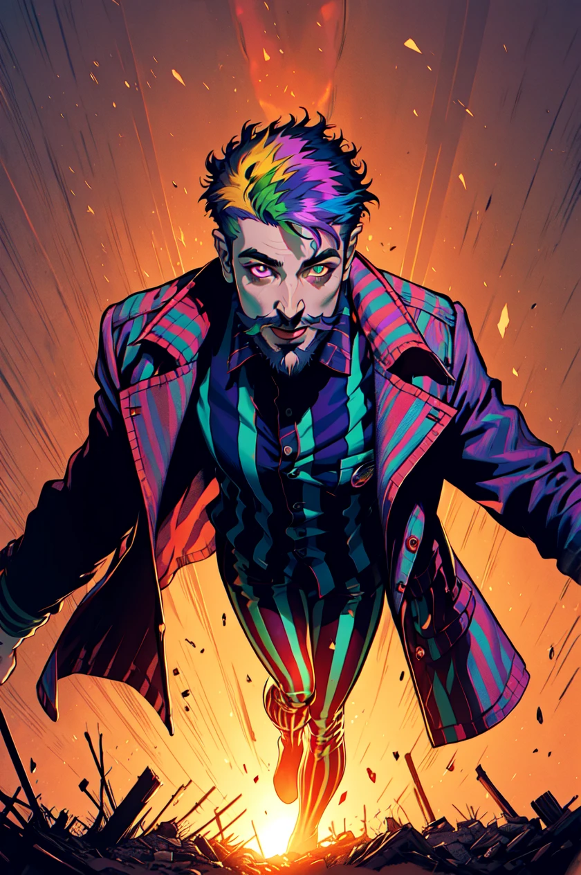 Comic Art Style, Beetlejuice,  official art,, 1boy, male focus, solo, (masculine, facial hair , mustache, stubble, beard), (poltergeist, fantasy scene, demon), (demonic, semi realistic, demonic, shiny skin, textured skin),holographic eyes, heterochromia, purple eyes, striped jacket,striped shirt, two tone hair, streaked hair, multicolored hair, red hair, green hair, wild hair, evil scene,teeth, side lighting, ray tracing, depth of field, solo, extreme light and shadow, masterpiece, post apocalyptic, sexy, beautiful , scary, rich in detail,(detailed eyes), (handsome) detailed, (dirt splotches), (horror theme), (beetlejuice), detailed eyes,(straight-on),(masterpiece), (best quality), (ultra-detailed), (best illustration),(best shadow),rim lighting, beetlejuice, ((Beetlejuice)), crazy grin, crazy expression, specular highlights, dynamic colors, digital art, vivid colors, <lora:Comic_V2:1>