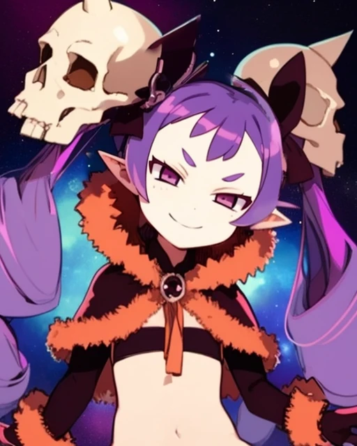 Majorita,purple eyes,flat chest,twintails ,purple hair, solo, smiling, face focus, upper body, high angle,
MajoAtt, skull hair ornament ,orange gloves ,fur trim,midriff,jewelry,panties,capelet, pruple bra, long sleeves,
outer space, graveyard, evil
(insanely detailed, beautiful detailed face, masterpiece, best quality) <lora:Majorita:0.8>