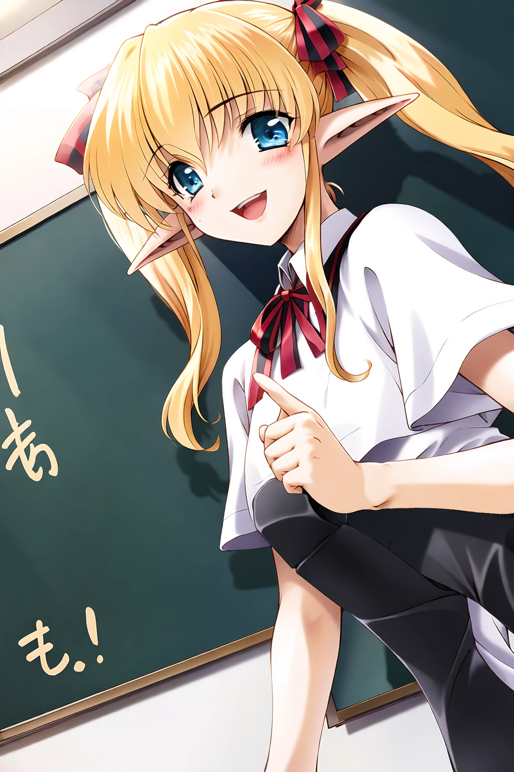 ((masterpiece, high quality, best quality)),
pointy ears, blonde hair, twintails, 1girl, chalkboard, long hair, blue eyes, dutch angle, solo focus, open mouth, classroom, ribbon, elf, smile, long pointy ears, hair ribbon, blush,
<lora:karen-style_v1.0:0.8>
