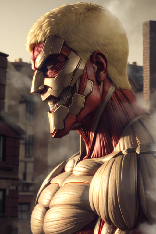 armored titan, muscular, giant, size ratio, short hair, blonde, building, teeth, armor on body, armor on face, light in eyes, steam and smoke, head to knees, red muscles , <lora:AttackTitan-10:1>