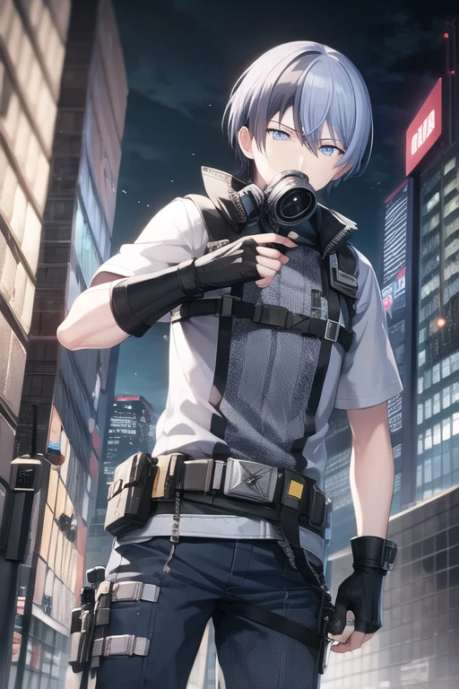 <lora:Toya-04:0.7> , aotoya, solo, looking at viewer, short hair, blue eyes, shirt, black hair, gloves, 1boy, holding, weapon, white hair, male focus, black gloves, belt, fingerless gloves, holding weapon, gun, mask, night, glowing, building, holding gun, glowing eyes, handgun, city, gas mask, cyberpunk, respirator