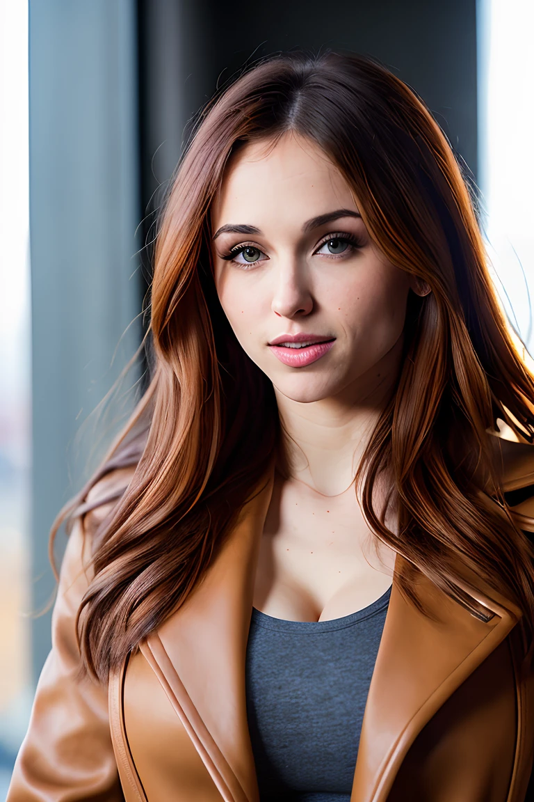 RAW photo, close portrait photo of (jg_4mouranth:0.99) posing, long brown coat, long haircut, pale skin, slim body, (high detailed skin:1.2), 8k uhd, dslr, soft lighting, high quality, film grain, Fujifilm XT3 sharp focus, f 5.6