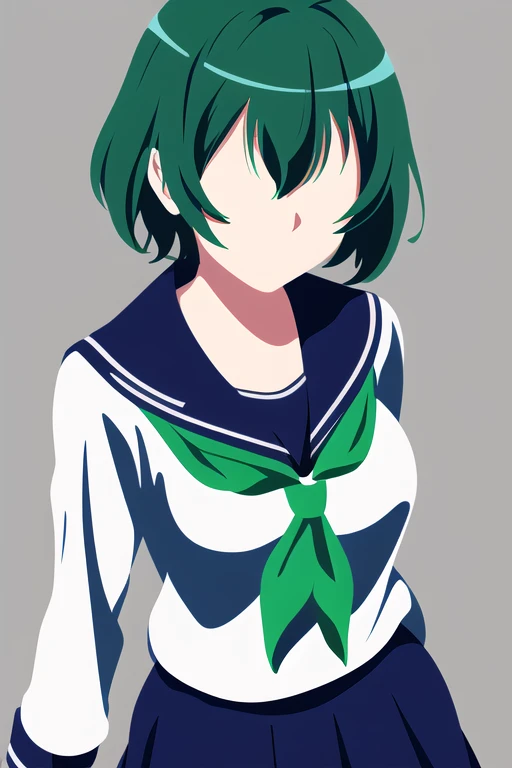 vector art, 1girl, solo,
<lora:Minimalist-v2-01:1>, ChopioMinimalist, short hair, green hair, looking at viewer,
simple background, grey background, no eyes, no face,
mature woman, medium breasts,
(serafuku, school uniform:1.2) white shirt, blue collar, sailor school uniform, blue ribbon, skirt,