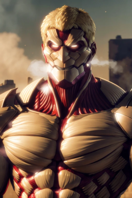 FemaleTitan, giant, in a forest, woods in the background, volumetric fog, skinned, visible muscle fiber, (muscle fiber), blonde hair, blue eyes, RAW, 1girl, colorful, (masterpiece, best quality), (gigantic breasts:1.2), (uniboob:1.5) (detailed skin:1.3, detailed face:1.3), dslr, realistic, warm colors for picture, delicate, cinematic lighting, green woods,