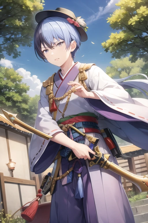 <lora:Toya-04:0.7> , aotoya, solo, skirt, 1boy, hat, holding, standing, purple eyes, weapon, purple hair, male focus, outdoors, japanese clothes, sky, cloud, wide sleeves, holding weapon, tree, tassel, hakama, hakama skirt, bow (weapon), lantern, arrow (projectile), tate eboshi, kariginu, holding bow (weapon)