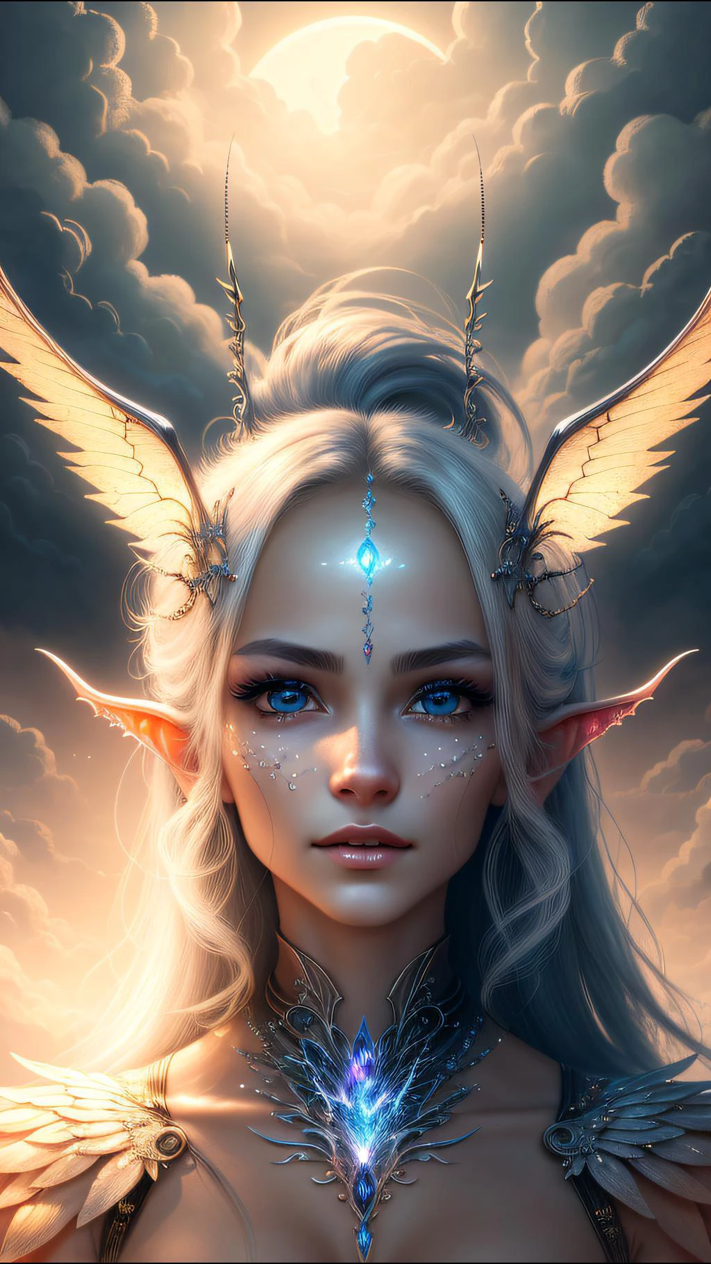 (ultra realistic, best quality, masterpiece, perfect face) , alluring succubus, ethereal beauty, <lora:Animesh-Lora:1>, perched on a cloud, (fantasy illustration:1.3), enchanting gaze, captivating pose, delicate wings, otherworldly charm, mystical sky, moonlit night, soft colors, (detailed cloudscape:1.3), (high-resolution:1.2)