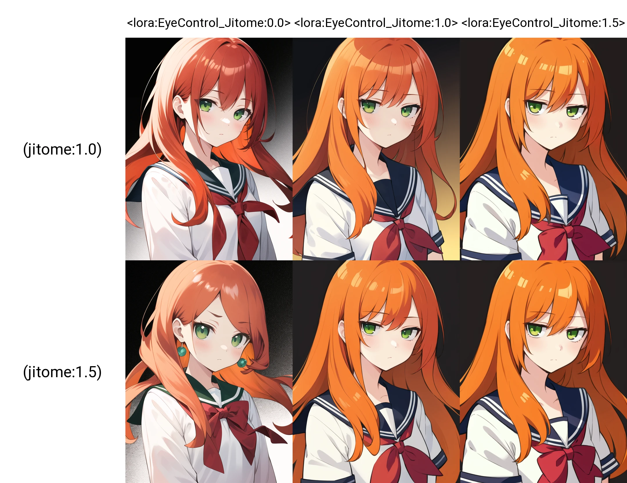 best quality, masterpiece,
1girl, (jitome:1.0), expressionless, green eyes, upper body, orange hair, school uniform,
<lora:EyeControl_Jitome:0.0>