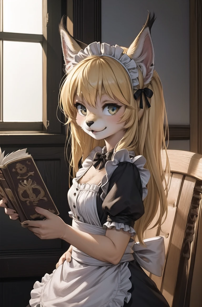 masterpiece, best quality,1girl,furry,reading book,blonde,servalcat,side of windows,perfect light
,kitten,adorable,maid dresss, looking at viewer,
<lora:Caracal:0.7> <hypernet:furry_kemono:0.3>