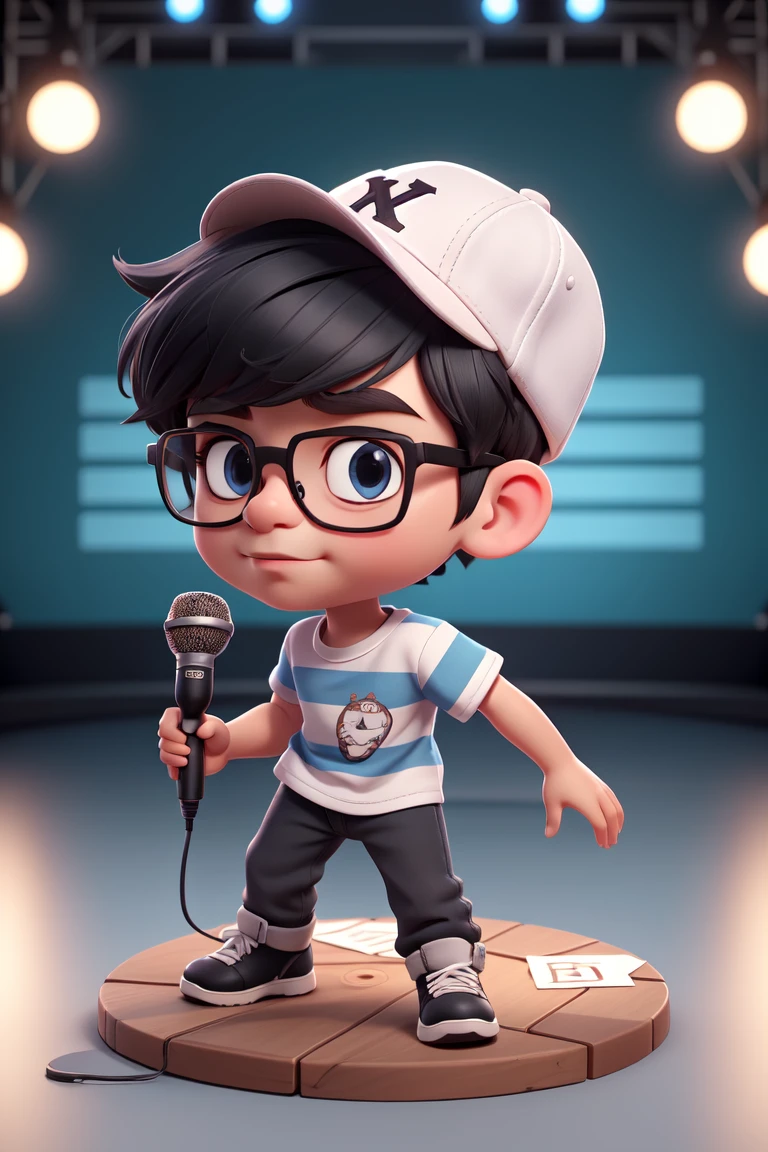 (Miniature scene:1.2)(best quality, masterpiece), 1boy, hat, glasses, male focus, striped shirt, baseball cap, striped, shirt, solo, (stage background:1.2) ,colored skin, black hair, microphone, pants,game scene mood map,Unreal Engine, cartoon rendering,Surreal cartoon