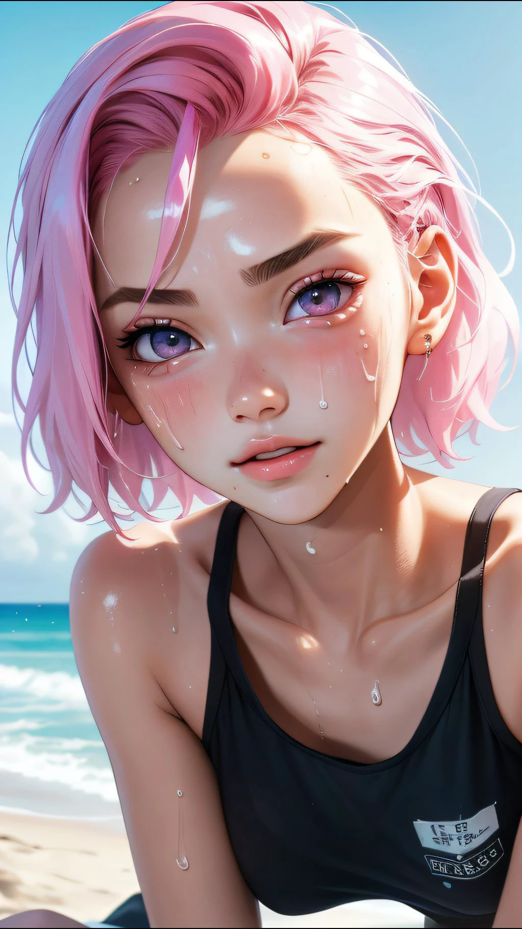 (best quality, masterpiece, perfect face) pink hair, 18 years old girl, medium tits, <lora:Animesh-Lora:1>, sweaty, beach,