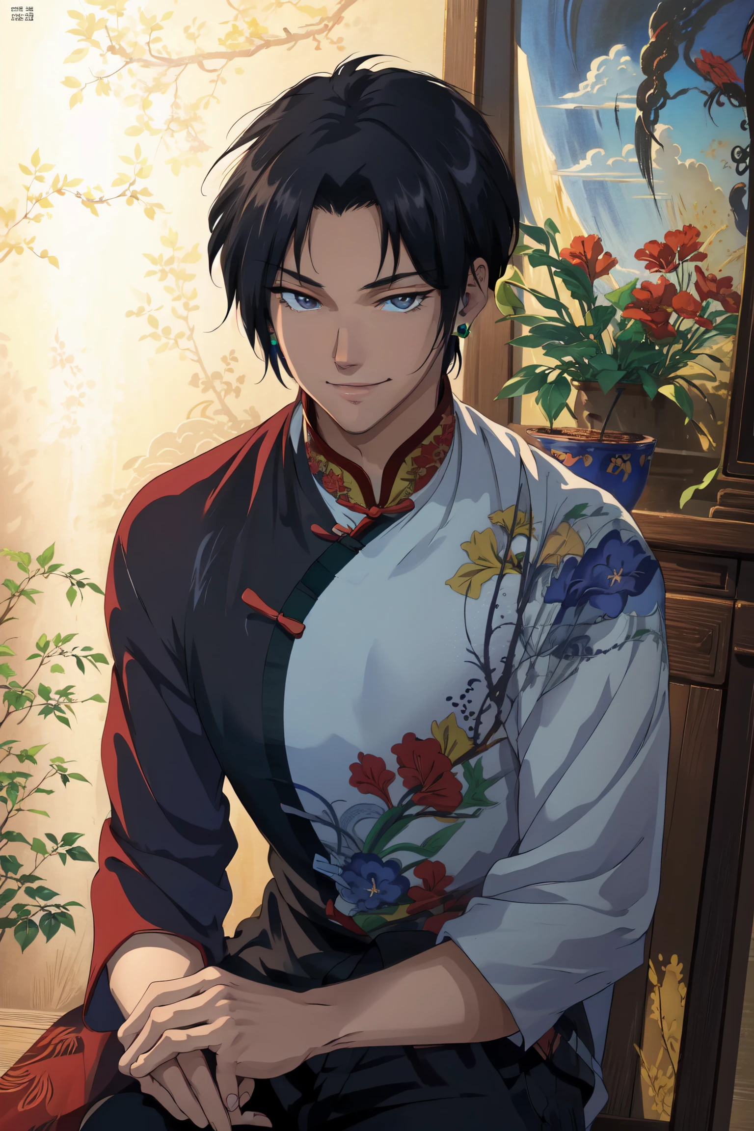 (Masterpiece, Best Quality:1.3), absurdres, (8k resolution),  ultra-detailed, (Traditional Media:1.2), Manga, 2d, illustration, fantasy art, centered, <lora:LiRenFang:0.75>, male focus, cowboy shot, (changpao:1.3), earring, from side, looking ahead, smile, (detailed face, detailed eyes:1.2), sitting, sharp focus, (details:1.2), (depth of field),  high quality, bokeh, dynamic, cinematic, gradients, (shadow), anime screen, nature, France, east asian architecture, ancient china