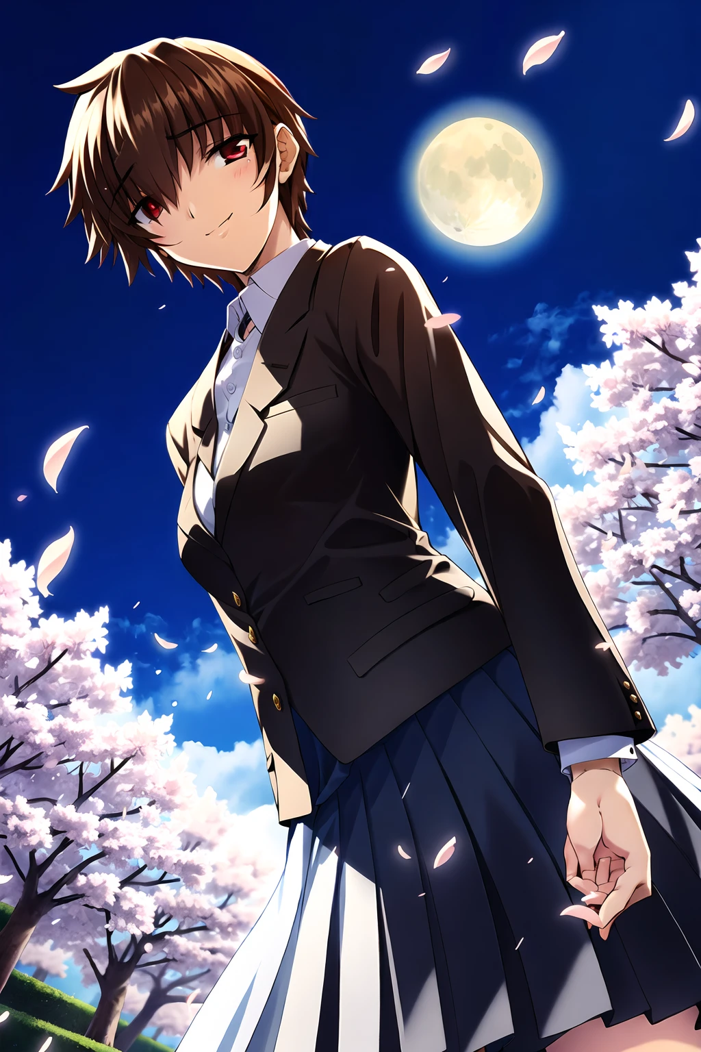 ((masterpiece, high quality, best quality)),
1girl, full moon, school uniform, brown hair, short hair, cherry blossoms, hair over one eye, red eyes, skirt, night, night sky, petals, jacket, dutch angle, from below, blazer, light smile,
<lora:karen-style_v1.0:0.8>