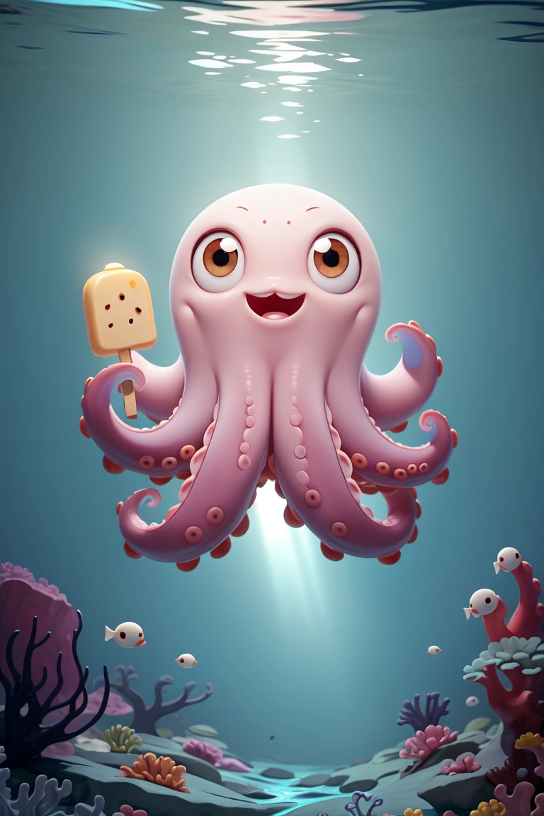 (no humans,:1.2)(best quality, masterpiece), (octopus:1.1), smile, open mouth, popsicle, holding, food, solo, outline, full body, black eyes, tentacles, looking at viewer,Undersea background,game scene mood map,Unreal Engine, cartoon rendering