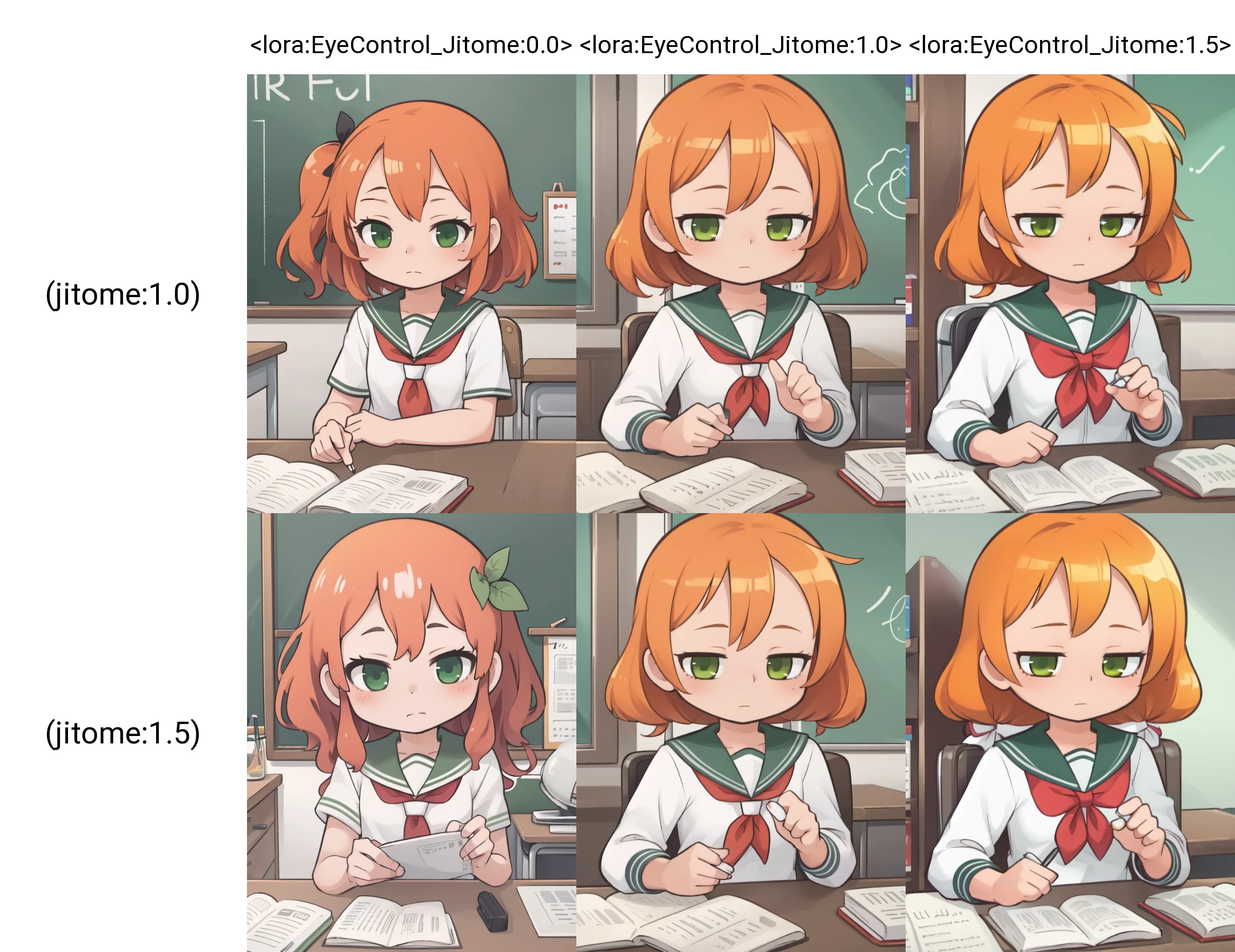 best quality, masterpiece,
1girl, (jitome:1.0), expressionless, green eyes, upper body, orange hair, school uniform,
<lora:EyeControl_Jitome:0.0>