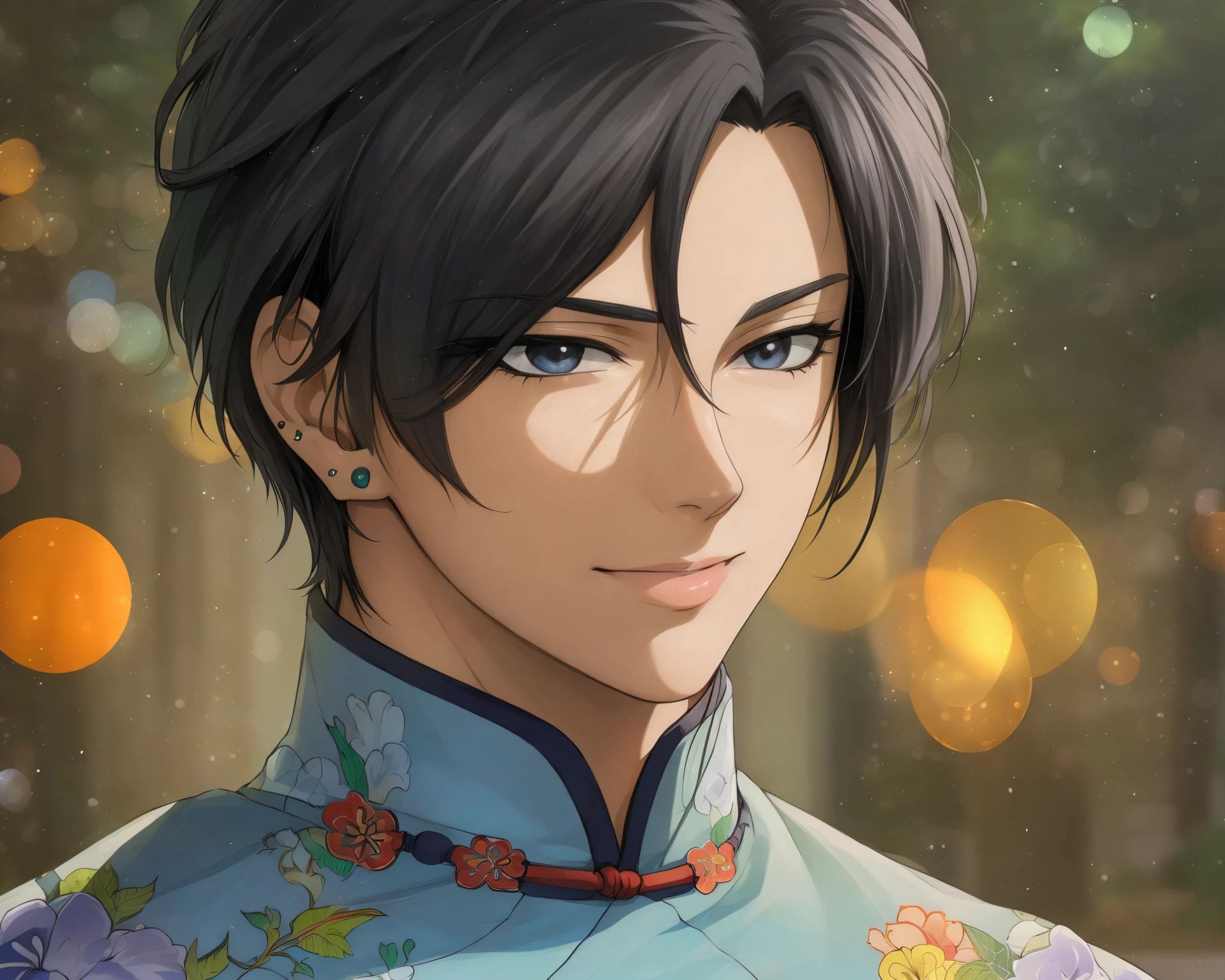 (Masterpiece, Best Quality:1.3), absurdres, (8k resolution), ultra-detailed, (Traditional Media:1.2), Manga, 2d, illustration, fantasy art, centered, <lora:LiRenFang:0.75>, male focus, cowboy shot, (changpao:1.3), black eyes, earring, from side, looking ahead, smile, (detailed face, detailed eyes:1.2), sitting, sharp focus, (details:1.2), (depth of field), high quality, bokeh, dynamic, cinematic, gradients, (shadow), anime screen, nature, France, east asian architecture, ancient china