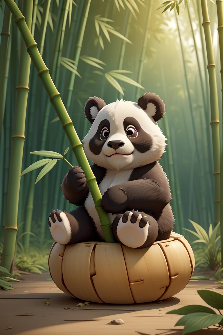 no humans,(best quality, masterpiece),  panda, bamboo, no humans, holding, sitting, panda ears, solo, full body, closed mouth, (animal focus:1.1), looking at viewer,bamboo forest background,  game scene mood map,Unreal Engine, cartoon rendering,