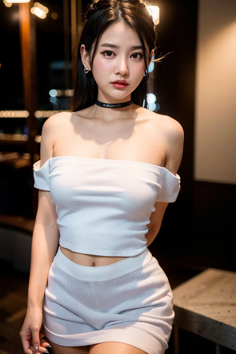 best quality, ultra high res, (photorealistic:1.4), 1girl, off-shoulder white shirt, black tight skirt, black choker, (faded ash gray hair:1), (large breasts:1.2), looking at viewer, closeup <lora:ThaiDollLikeness_v10:0.66>