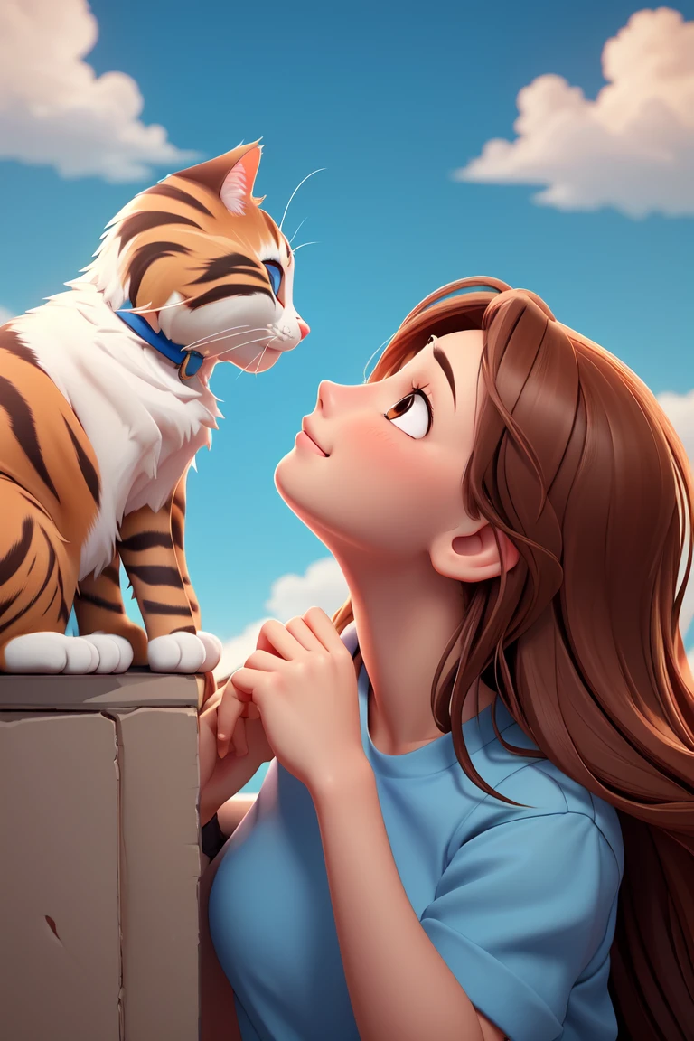 Surreal cartoon,(Miniature scene:1.2)(best quality, masterpiece), 1girl, brown hair, cat, smile, sky background, animal, shirt, blush, long hair, closed mouth, blue shirt, profile, solo, from side, lips,game scene mood map, Unreal Engine, cartoon rendering,