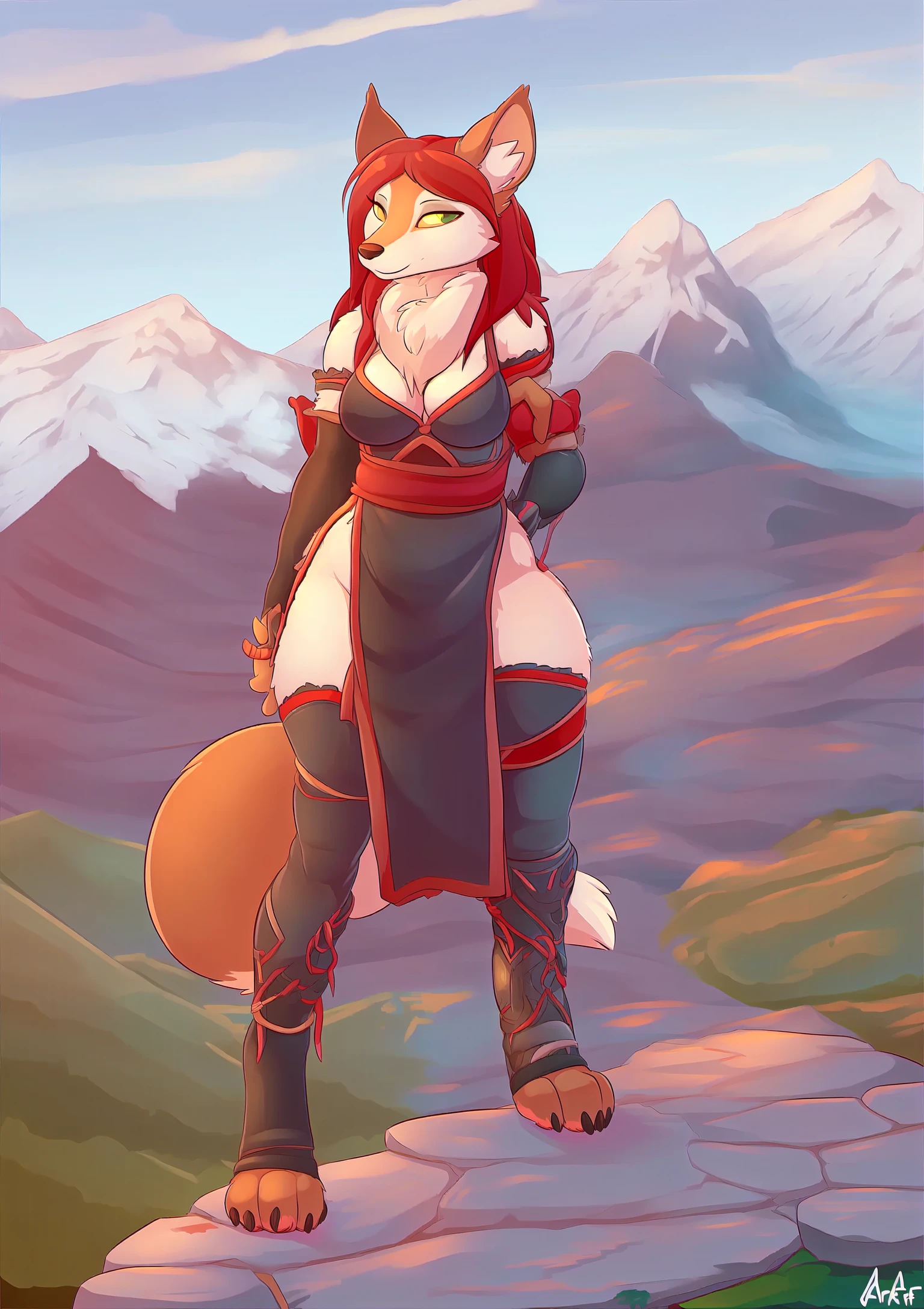 female, solo, anthro, mammal, canid,
fully clothed, bottomwear, topwear, armwear, legwear,
fur, fluffy, tuft, chest tuft, breasts, cleavage, long hair, neck tuft, inner ear fluff, digitigrade, hindpaw, pawpads,
standing, front view, looking at viewer,
(detailed background), outside, rock, mountain,
by cracker, by crestfallenartist, by paperclip,