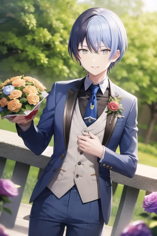 <lora:Toya-04:0.7> , aotoya, solo, looking at viewer, smile, short hair, shirt, black hair, long sleeves, 1boy, bow, ribbon, holding, hair between eyes, jewelry, blue hair, jacket, white shirt, flower, male focus, cowboy shot, parted lips, necktie, striped, collared shirt, pants, hand up, blurry, vest, fingernails, grey eyes, ascot, dutch angle, sparkle, neck ribbon, buttons, depth of field, blurry background, rose, leaf, formal, suit, wing collar, white flower, hand on own chest, brooch, red flower, gem, light particles, vertical stripes, pink flower, tsurime, backlighting, blue flower, gold trim, red rose, bouquet, glint, yellow flower, purple flower, dot nose, blue pants, light blue hair, pink rose, purple theme, holding bouquet, split-color hair, waistcoat, striped ribbon, purple rose, orange flower, yellow rose, diffraction spikes, striped pants, tailcoat, wisteria, grey ribbon