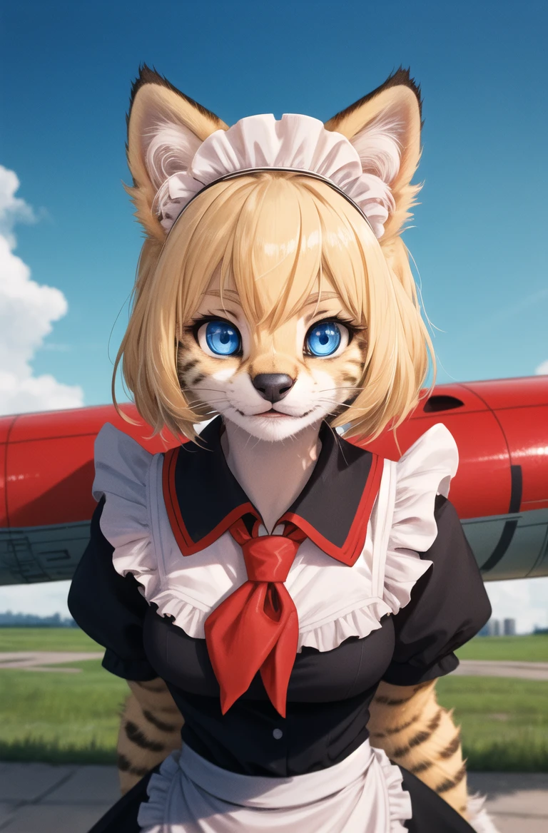 masterpiece, best quality,4k,hdr,perfect lighting 1girl,furry,solo,moscow,soviet poster,blonde,aircraft,cat paws, blue eyes,day light ,blue sky,outdoors,
kitten,adorable,maid uniform, looking at viewer,red neckchief,Communist ideology,dynamic pose,high detail fur,from above,tail
<hypernet:furry_kemono:0.3> <lora:servalcat:0.6>