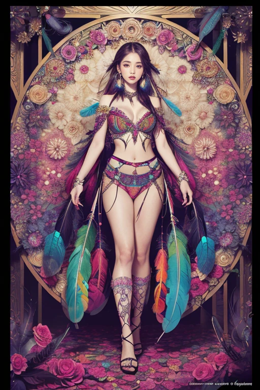 (official art, beautiful and aesthetic:1.2), (1girl:1.3),(fractal art:1.1),(colorful:1.1)(flowers:1.3),highest detailed,(zentangle:1.2), full body, (abstract background:1.3), (shiny skin), (many colors:1.4),(earrings), (feathers:1.5),