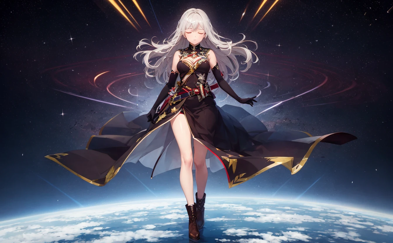 (masterpiece,best quality:1.2)1girl, solo, long hair, space, gloves, dress, boots, planet, elbow gloves, black gloves, black dress, floating hair, ankle boots, closed eyes, brown footwear, star \(sky\), earth \(planet\), full body, china dress, chinese clothes, closed mouth, white hair
<lora:graygoo2-000003:1>black military uniform, iron cross,black dress,cleavage cutout,
