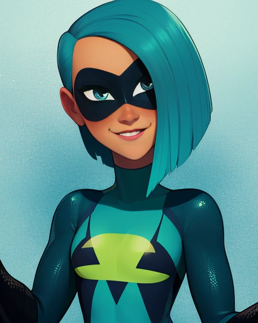 Voyd,blue hair ,dark skin,blue eyes ,short hair, lips, standing, upper body, blushing, smiling,
VoySui, black domino mask multicolored ,bodysuit, boots, skin tight, green sleeves,
teal background, portals, stars,
(insanely detailed, beautiful detailed face, masterpiece, best quality) <lora:Voyd:0.8>