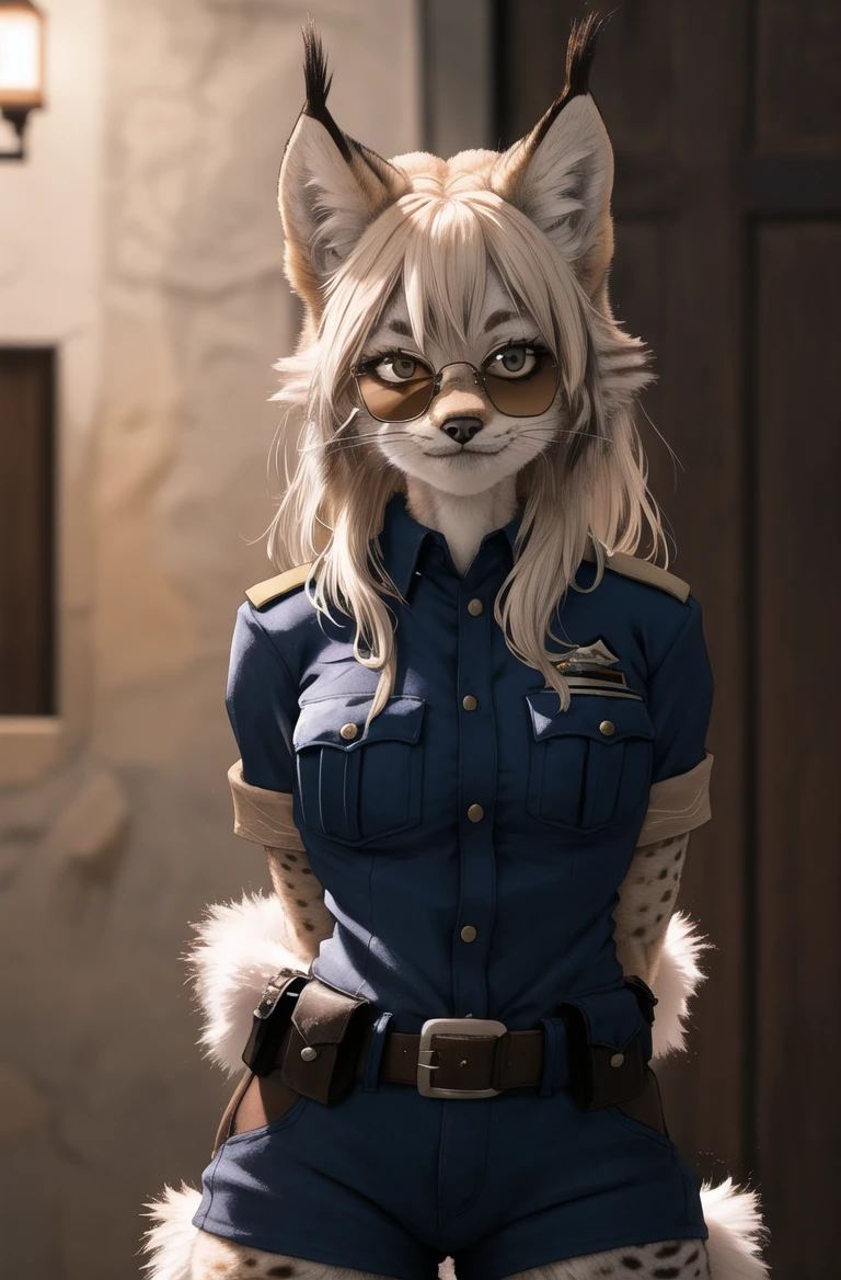 masterpiece, best quality,4k,hdr,perfect lighting,furry female,animal ears,arm behind back,lynx,sheli,cowboy shot
solo,blue police uniform,cinema angle,arm arms behind back, sunglasses, fur,looking at viewerhigh detail fur,animal nose
<lora:Lynx:0.8> <hypernet:furry_kemono:0.5>