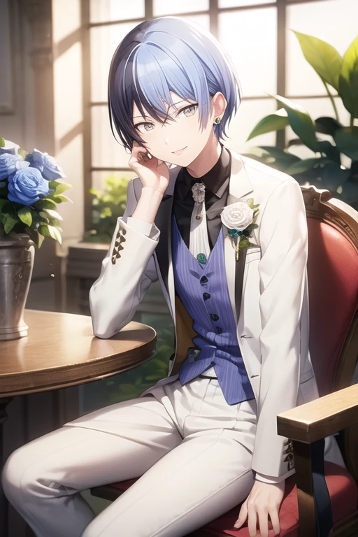 <lora:Toya-04:0.7> , aotoya, solo, looking at viewer, smile, short hair, shirt, black hair, long sleeves, 1boy, ribbon, jewelry, sitting, closed mouth, blue hair, jacket, purple hair, flower, male focus, earrings, frills, parted lips, open clothes, striped, collared shirt, pants, indoors, hand up, mole, vest, open jacket, fingernails, grey eyes, ascot, dutch angle, window, buttons, feet out of frame, rose, bird, leaf, chair, floral print, formal, sunlight, white jacket, suit, feathers, light smile, plant, white flower, brooch, red flower, light particles, vertical stripes, tsurime, hand on own face, backlighting, blue flower, gold trim, head rest, blue theme, light rays, red rose, glint, white pants, light blue hair, blue rose, white rose, pillar, split-color hair, waistcoat, striped ribbon, white ascot, grey vest, elbow rest, stained glass, tailcoat, bird on hand, column, lapels, white bird