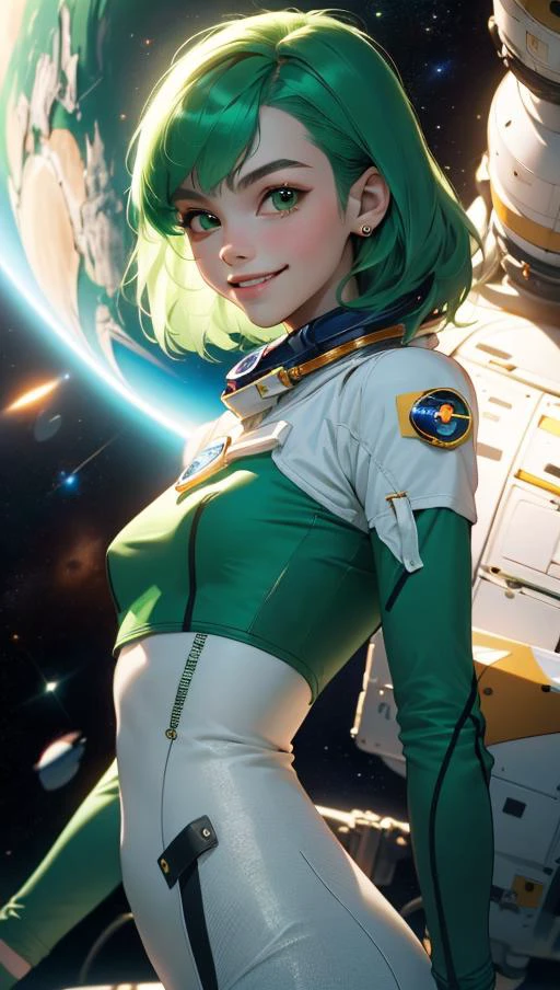 (best quality, masterpiece)  perfect face, 18 years old girl, <lora:Animesh-Lora:1>medium tits, astronauts on space , green hair, smiling