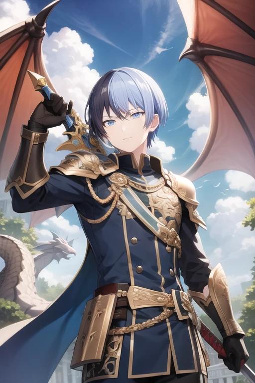 <lora:Toya-04:0.7> , aotoya, short hair, blue eyes, gloves, 1boy, holding, blue hair, weapon, male focus, horns, sky, sword, cloud, cape, holding weapon, armor, holding sword, dragon