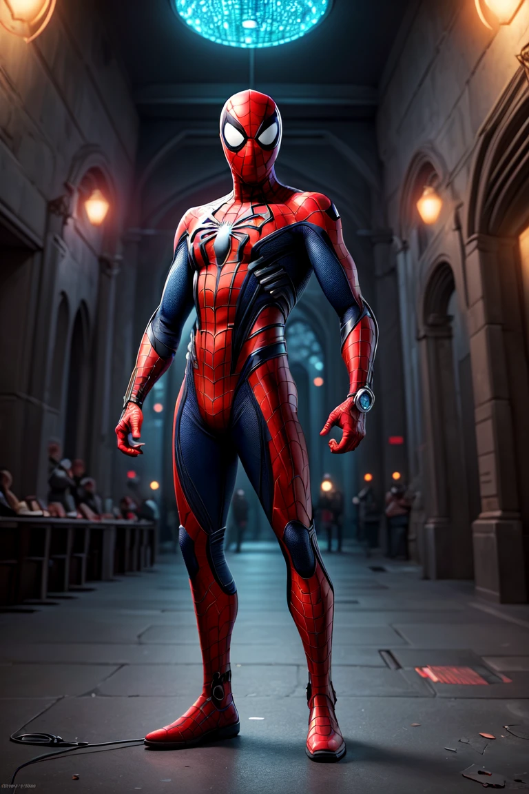 (full body:1.2), (masterpiece, best quality:1.4), gloomy portrait of Bloody Spider-Man from Marvel with intricate angular cybernetic implants inside a brutalist building, gothic brutalist cathedral, cyberpunk, award-winning photo, bokeh, neon lights, cybernetic limb, super cute, trending on artstation,Space Stage,<lora:more_details:0.6>,<lyco:GoodHands-beta2:0.5>,