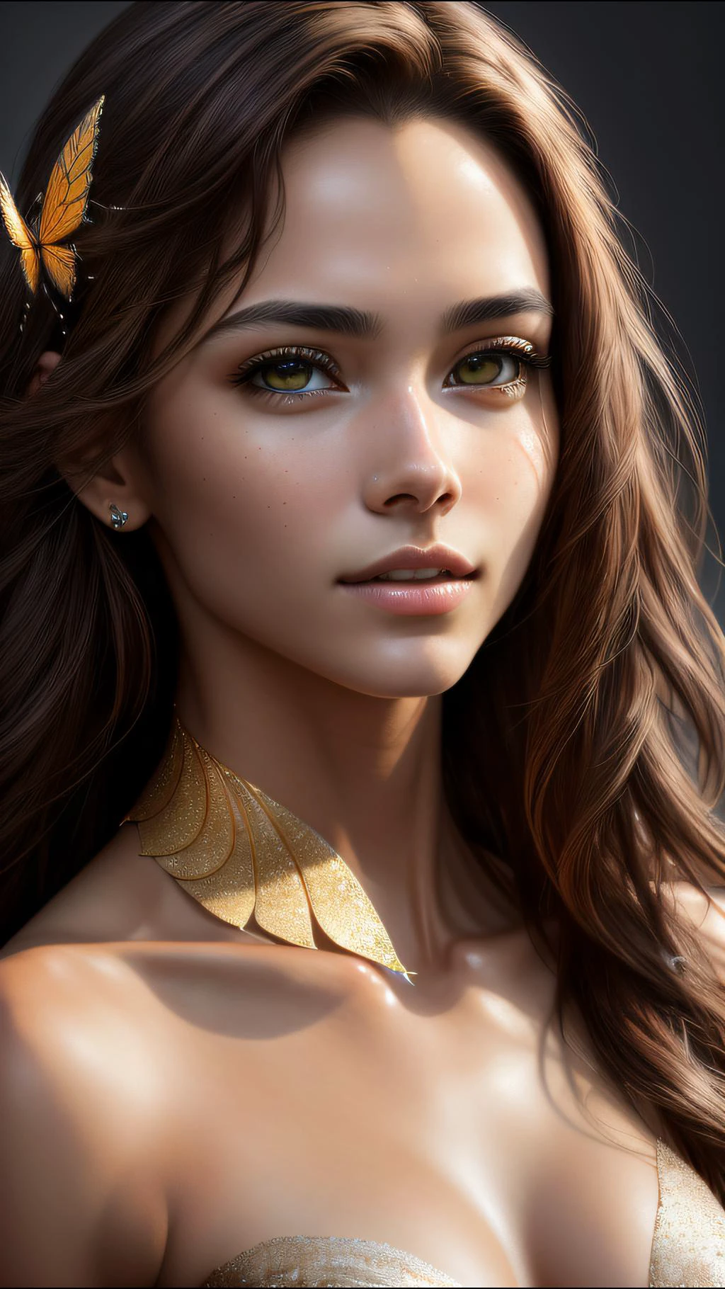 8k portrait of beautiful cyborg with brown hair <lora:Animesh-Lora:1>, <lora:more_details:0.2>, intricate, elegant, highly detailed, majestic, digital photography, art by artgerm and ruan jia and greg rutkowski surreal painting gold butterfly filigree, broken glass, (masterpiece, sidelighting, finely detailed beautiful eyes: 1.2), hdr,