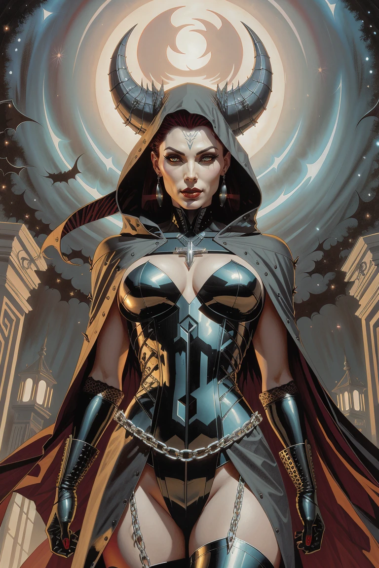 Masterpiece, grimdark \(theme\), (heavy metal magazine art:0.9), [sci-fi|fantasy] art, illustration of (ominous and omnipresent [demon|woman] with short hair and pale skin), red eyes, perfect face, (wearing gothic era cloak and robes), temptation, resist, eerie atmosphere, [bold|dark] colors, oil on board, evil, complex background, (full body:0.9)

AND_PERP (By Brom) :1