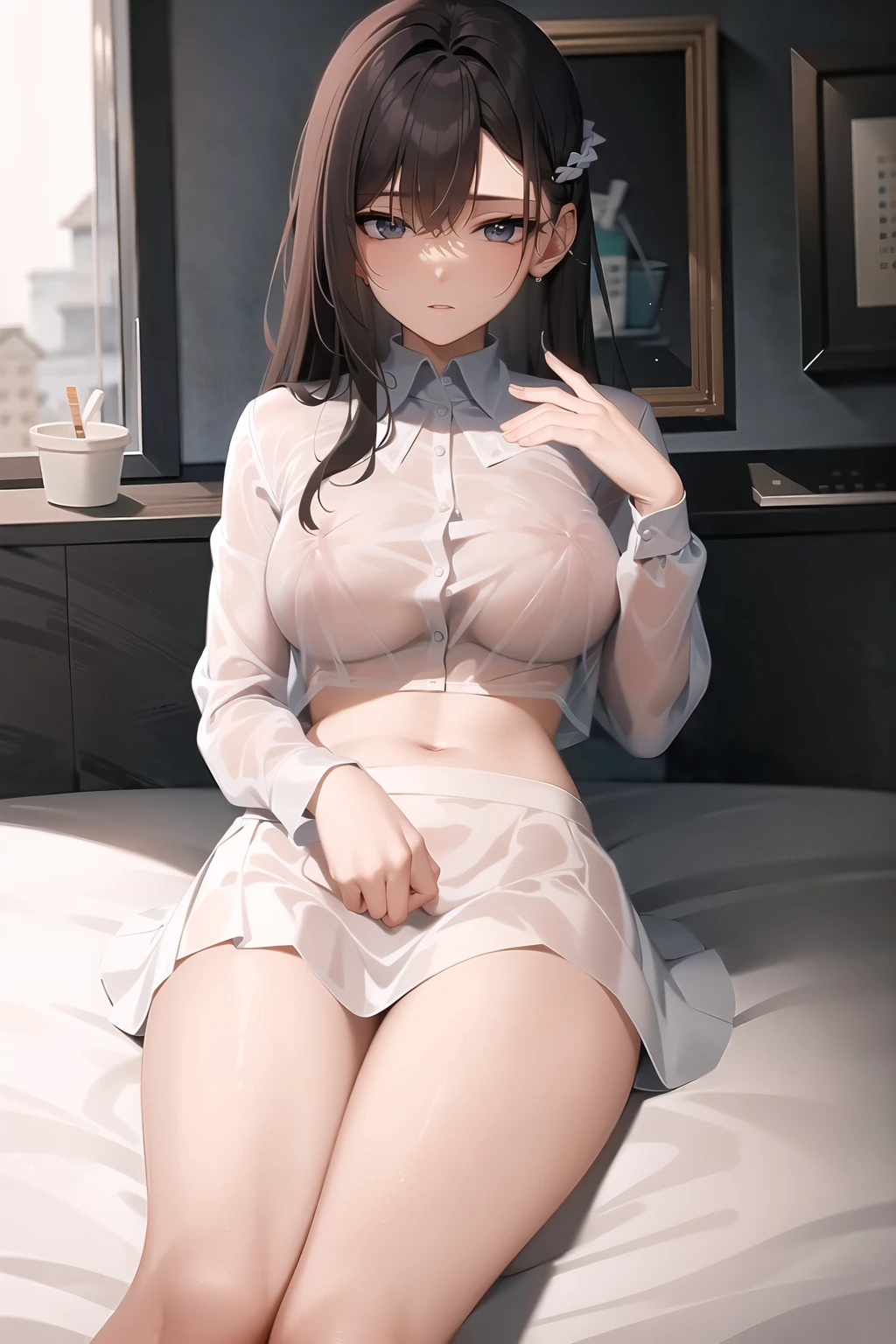 best quality, masterpiece, white shirt, skirt, seethru, <lora:see_through:1>