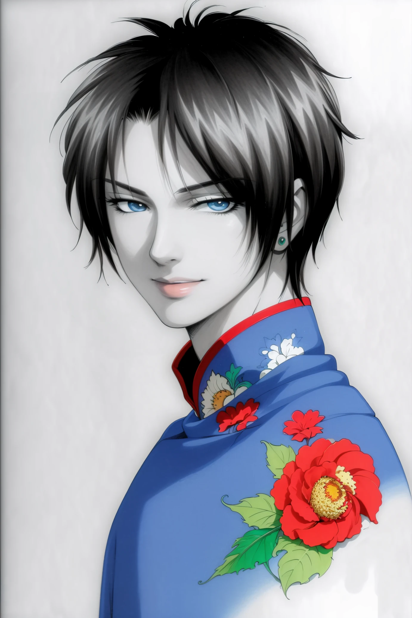 (Masterpiece, Best Quality:1.3), absurdres, (8k resolution), (Traditional Media:1.2), Manga, illustration, <lora:LiRenFang:0.8>, upper body, standing, changpao, seductive smile, (detailed face, detailed eyes:1.2), sharp focus, (details:1.2), (depth of field), high quality