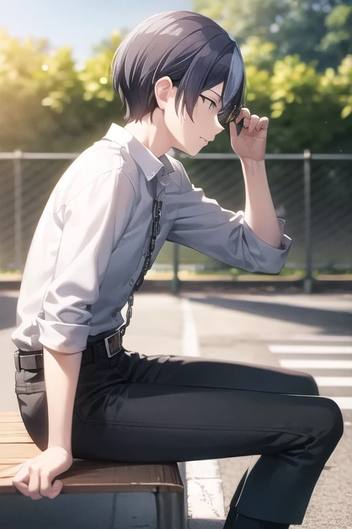 <lora:Toya-04:0.7> , aotoya, solo, short hair, shirt, black hair, long sleeves, 1boy, jewelry, sitting, white shirt, male focus, boots, outdoors, collared shirt, belt, pants, black footwear, blurry, arm up, from side, profile, depth of field, blurry background, feet out of frame, black pants, knee boots, looking up, fence, bench, chain-link fence