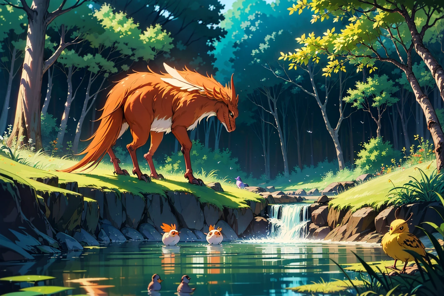 (masterpiece,best quality,absurdres,lineart:1),original design,epic fantasy,(a strange creature:1.5),(furry:1.2),(cute:1.2),whimsical paradise,(forest:0.9),pond,facing away,(back to camera:1.2),creek bed,sunlight through trees,godrays,(in water:1.2),(running water:1.1),(cinematic shot:1.2),insects,animals,birds