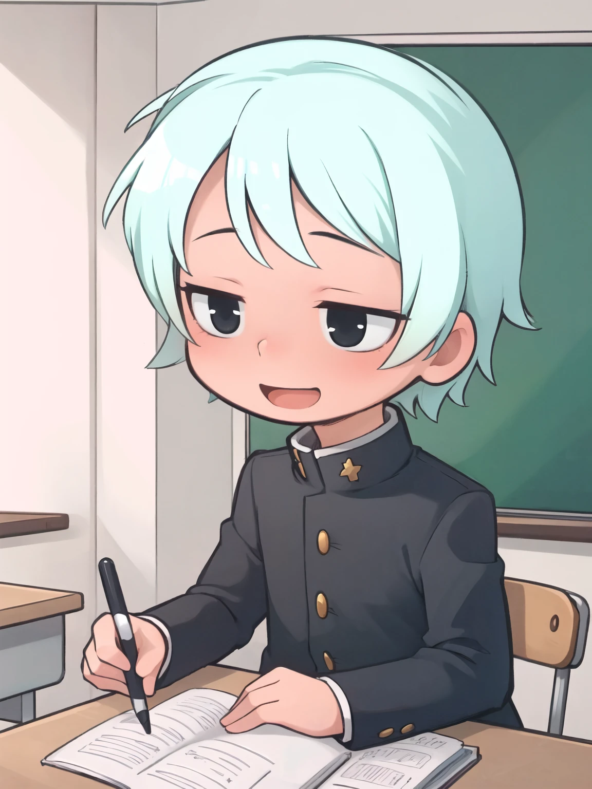 best quality, masterpiece,
(jitome:1.5), black eyes, smile, open mouth, looking away,
1boy, solo, (portrait:1.2), blush,
gakuran, classroom,
<lora:EyeControl_Jitome:1.5>