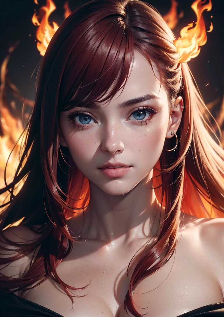 analog style, model shoot style, RAW photo ((close portrait:1.6)) of a 1girl, (red hair:1.5, long hair), ((hair in fire:1.5)), nude, smile, (shiny body), ((cute face: 1.7, perfect face:1.3)), (from above:1.2), best quality, epic (by lee jeffries photo, sony a7, 50 mm, pores:1.5, colors, hyperdetailed:1.5, film grain:1.4, hyperrealistic: 1.5), octane render, hyper-realistic lifelike texture, masterpiece, unreal engine 5, Extremely detailed CG unity 8k wallpaper, realistic eyes, Madly detailed photo, (ecstasy of light and shadow, deep shadow), (Winner of the Pulitzer Prize for Photography and Taylor Wessing Photographic Prize)