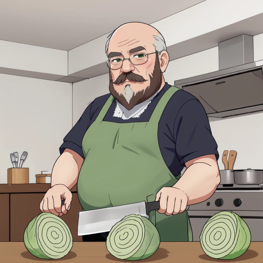 (mature fat beard man:1.2), cutting a green ball, shirt, short_sleeves, (indoors:1), (cabbage:1.3), <lora:cabbage4:0.5>, cowboy shot, (kitchen_knife:1.3), chibi, (keyorina:1.1)