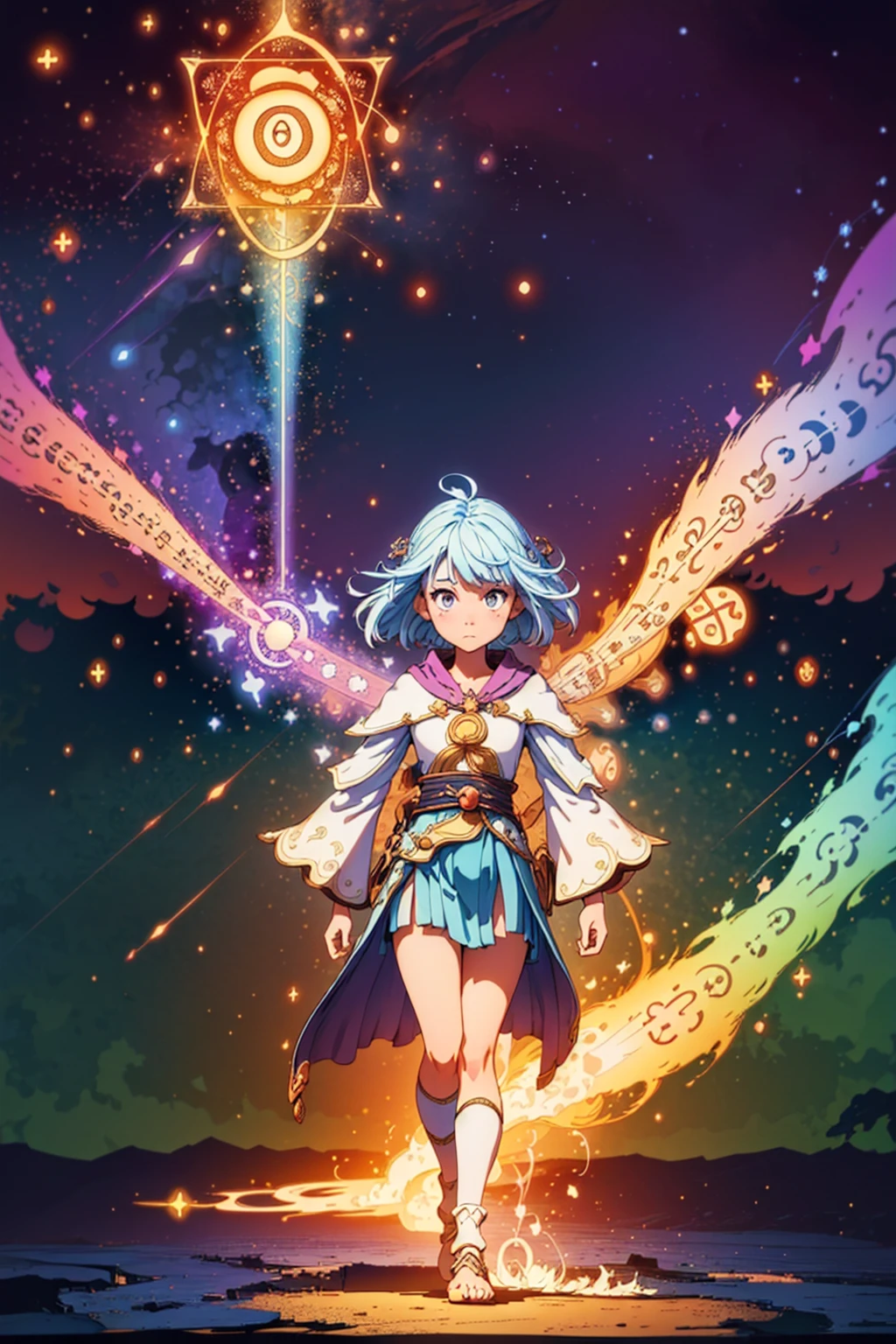 (masterpiece,best quality,absurdres,lineart:1),original design,epic fantasy,(cinematic:1.5),1girl,youthful mage child,walking towards camera,(fractal patterns:1.5),(mystic symbols:1.5),(particle effects:1.5),(extremely detailed:1.5)