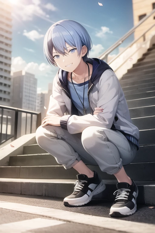 <lora:Toya-04:0.7> , aotoya, solo, smile, short hair, blue eyes, shirt, 1boy, hair between eyes, jewelry, blue hair, jacket, full body, male focus, grin, outdoors, open clothes, sky, shoes, day, pants, cloud, hood, necklace, open jacket, blue sky, fingernails, grey eyes, petals, shadow, sunlight, squatting, white jacket, blue shirt, building, sneakers, light particles, lens flare, light rays, stairs, glint, city, white pants, railing, light blue hair, grey pants, hand on own knee, split-color hair, diffraction spikes