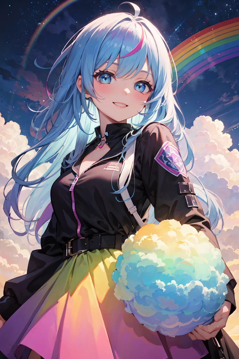 (masterpiece), best quality, high resolution, extremely detailed, detailed background, perfect lighting, (colorful, vivid color:1.4), 1girl, rainbow hair, cotton candy cloud, sky, smile