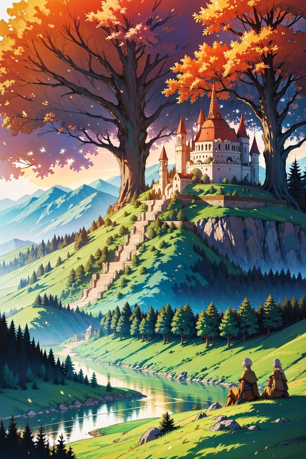 (masterpiece,best quality,absurdres,lineart:1),original design,epic fantasy,(elvish:1.2) kingdom,(structures one with nature:1.2),hills,forests,rivers,(intertwined:1.2),sybiotic,(beautiful:1.1),(particle effects:1.1),bright sunlight,populated,(common folk:0.8),(guards:0.8),(elves:0.8),(statues:0.8)
