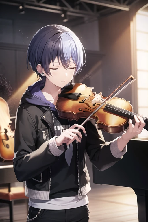 <lora:Toya-04:0.7> , aotoya, short hair, black hair, long sleeves, 1boy, holding, jewelry, standing, jacket, closed eyes, male focus, earrings, pants, hood, black jacket, hoodie, black pants, hood down, instrument, light particles, music, playing instrument, violin, stage, piano