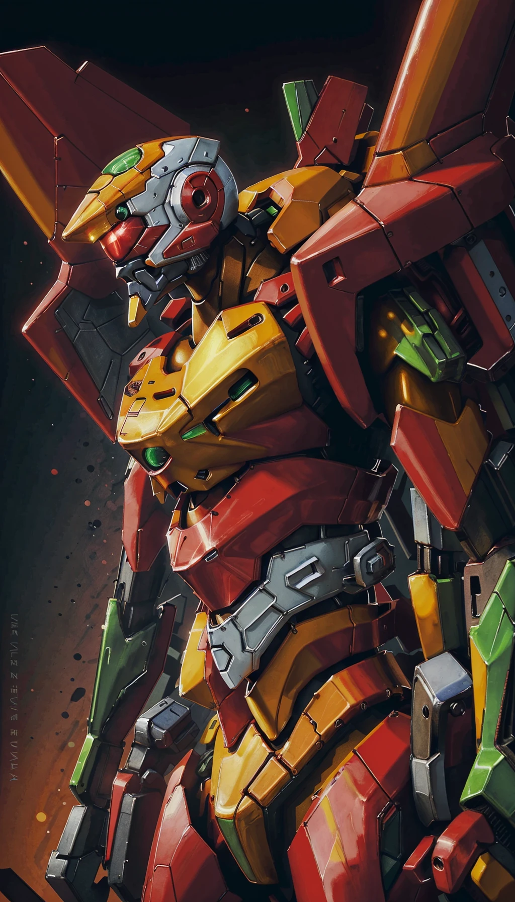 (eva 00:1.2), evagod, evangelion mecha, science fiction, looking at viewer, (official art, Best quality, masterpiece:1.2), illustration, high res, beautiful abstract background, Futurism, cyberpunk, intense angle, close-up, <lora:EVAIII:0.6>